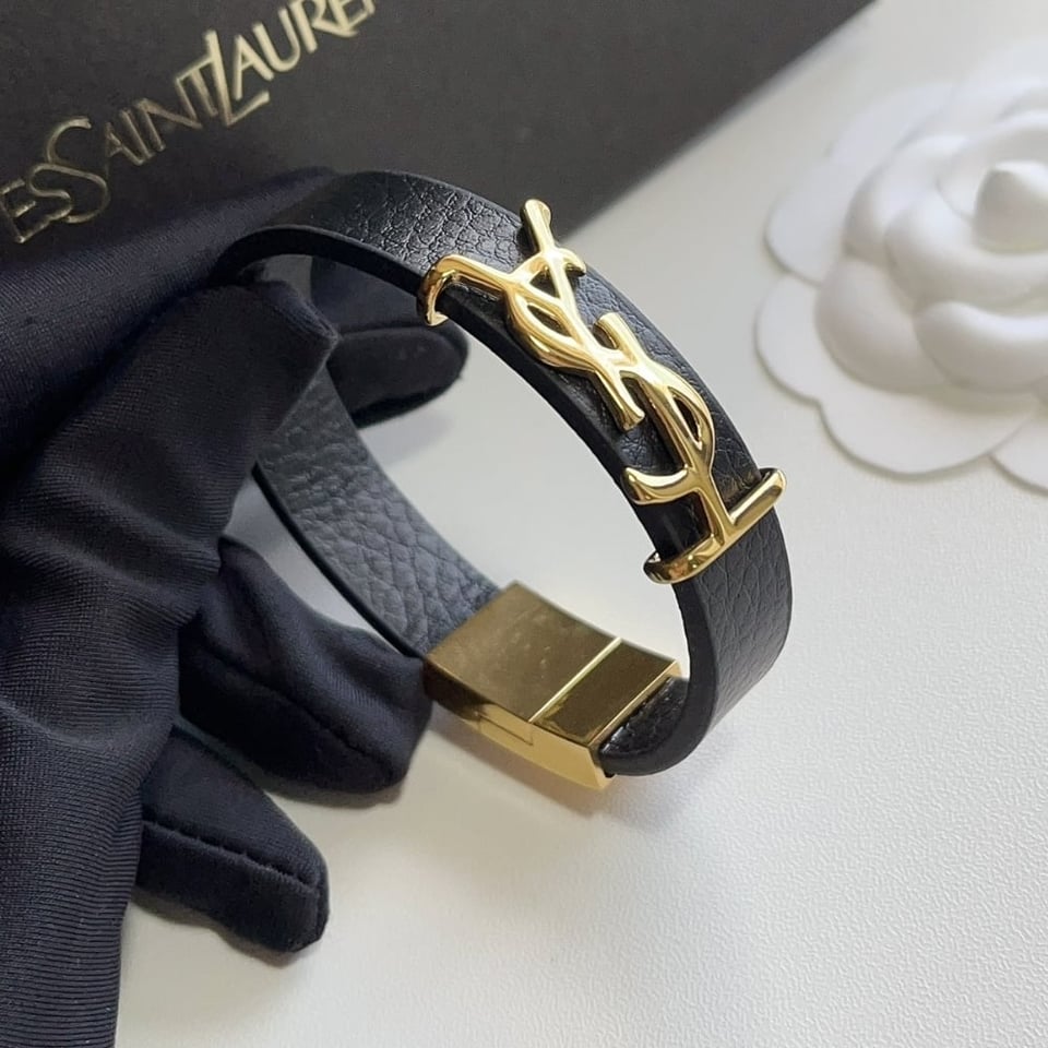 Saint Laurent Ysl Opyum Leather Bracelet Black view 4