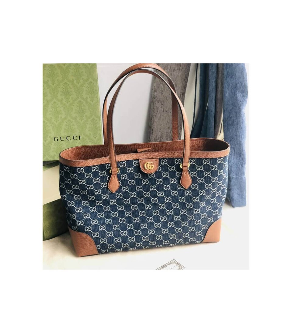 Gucci Indigo &amp; Brown Ophidia Denim Tote 38cm view 3