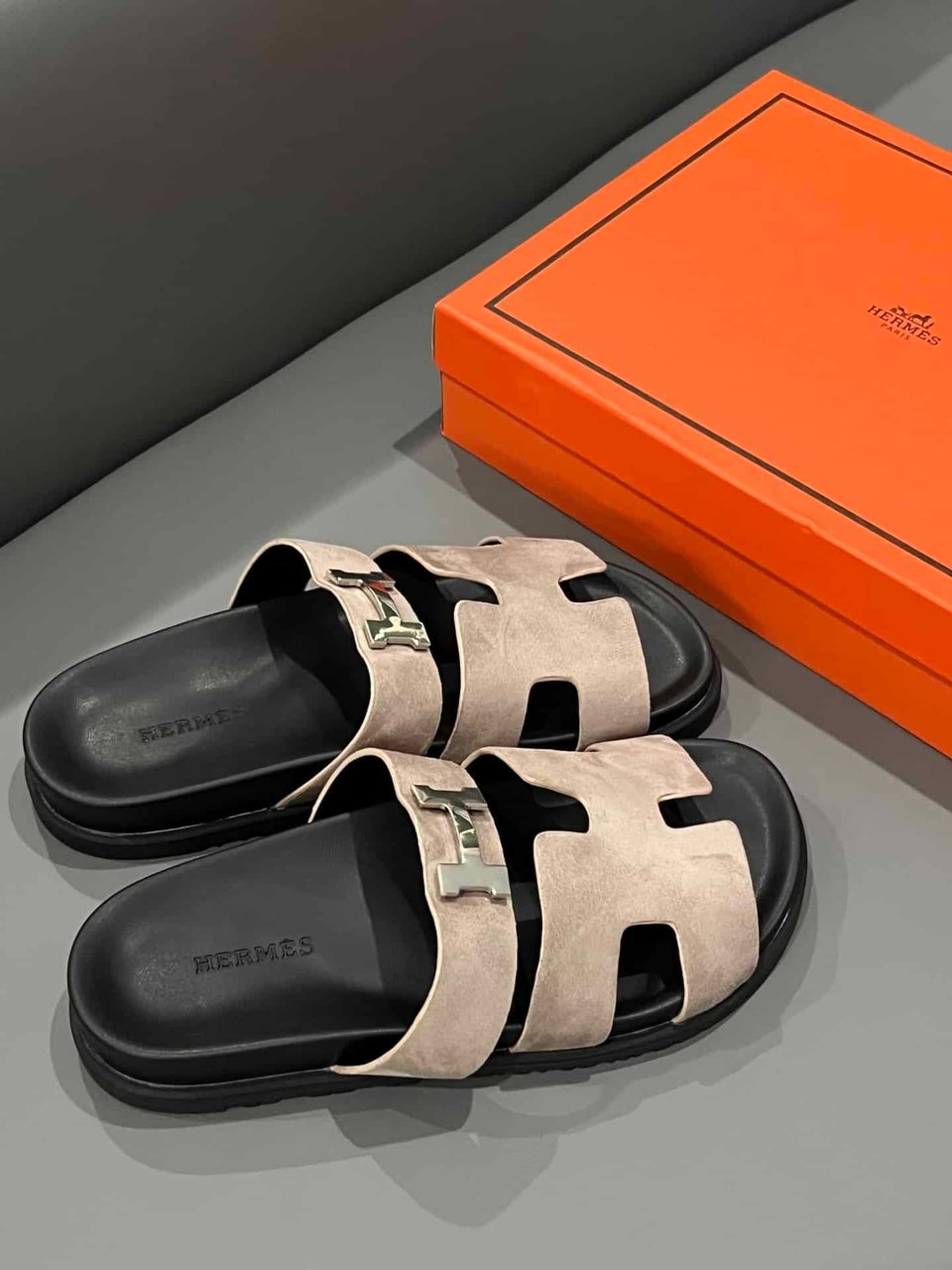 Hermes Chypre Sandal Suede H Logo Silver Hardware Light Brown view 9