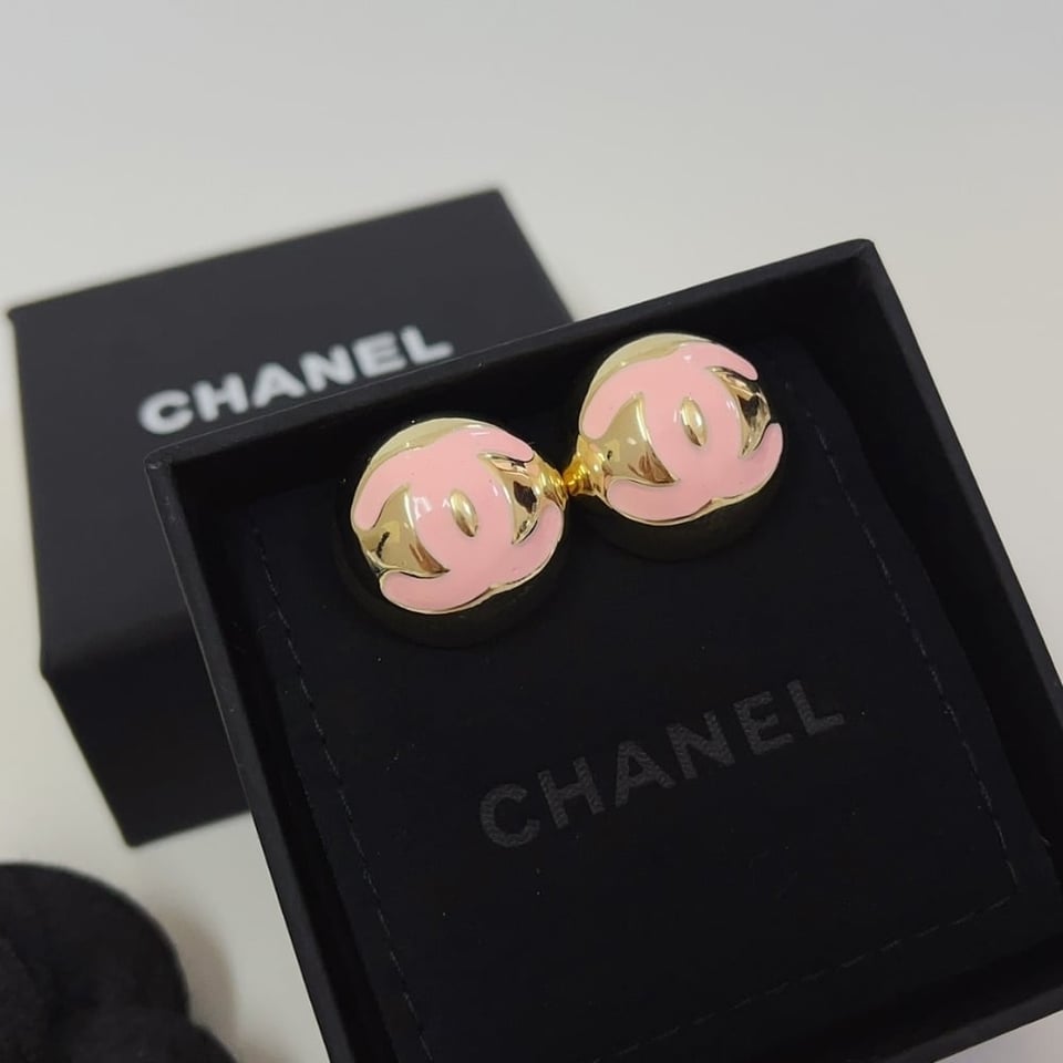 Chanel Stud Earrings Gold Pink Abe810 B19198 Nacve view 2