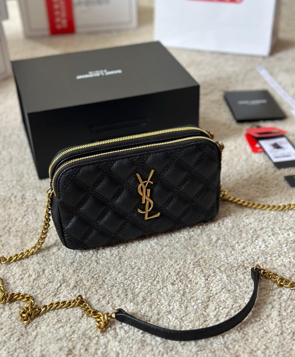 Saint Laurent Becky Quilted Double Zip Pouch Bag Black 20Cm view 7
