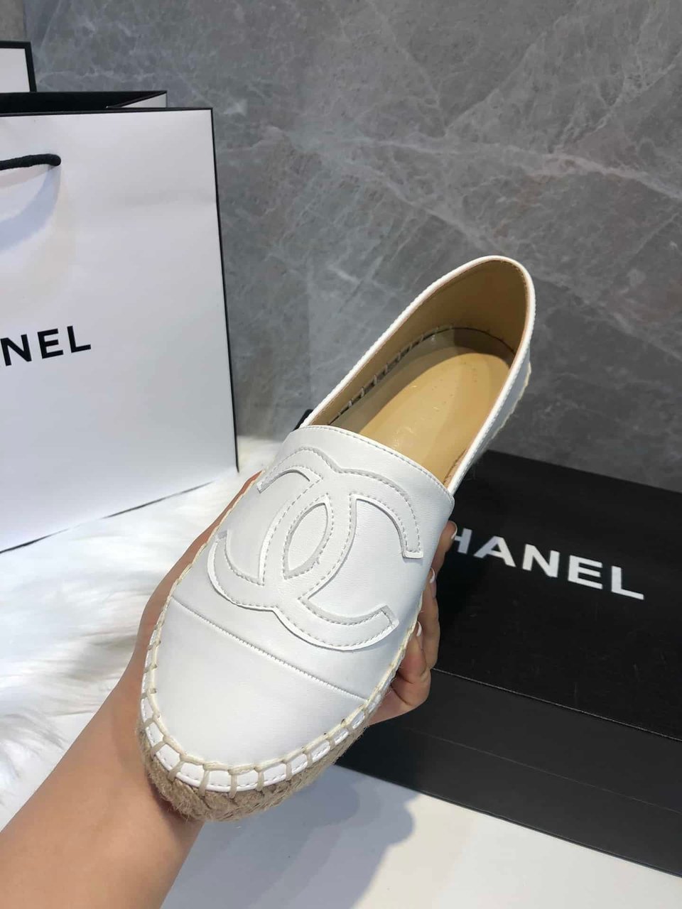 Chanel Embroidered Espadrille Leather Cap Toe Flats White view 10
