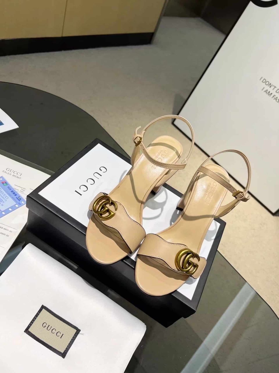 Gucci Leather Mid Heel Sandal Beige view 3
