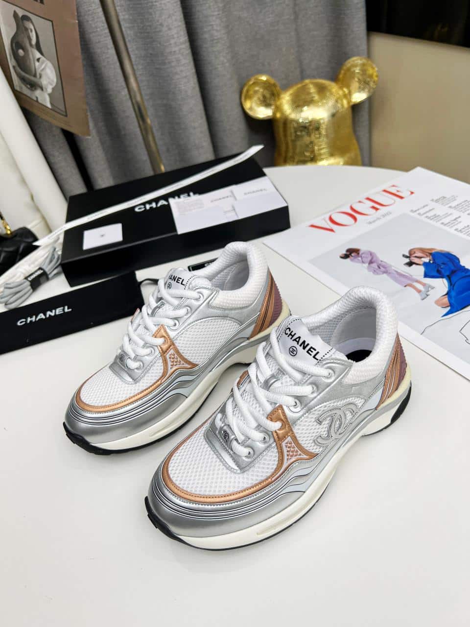 Chanel 23C Silver Metallic Cc Logo Lace Up Flat Runner Trainer Sneaker White Yellow view 10