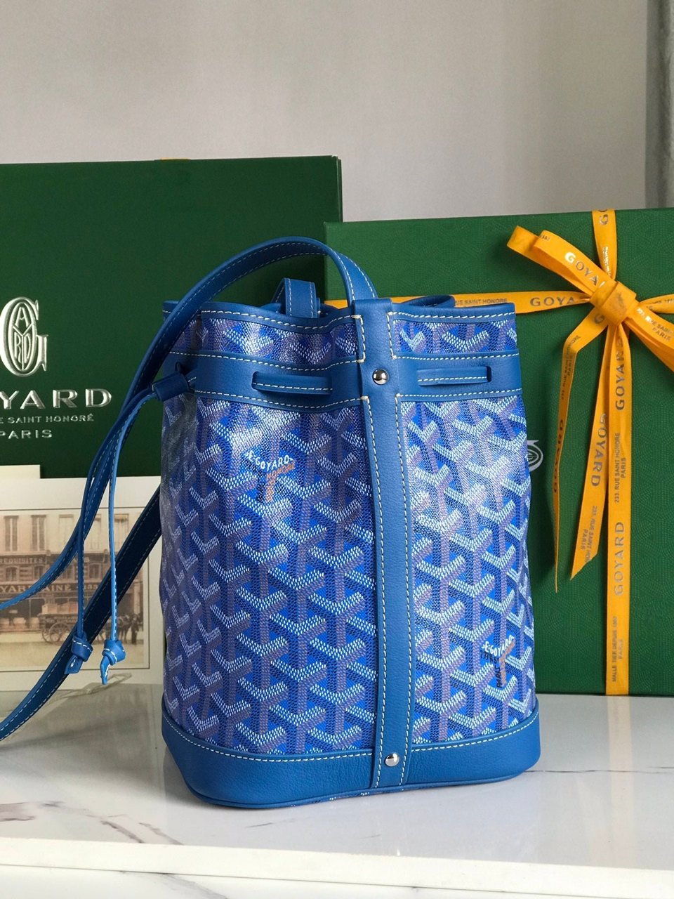 Goyard Petit Flot Bucket Bag 22 Cm Sapphire Blue Goyardine Canvas And Lambskin Trim view 5