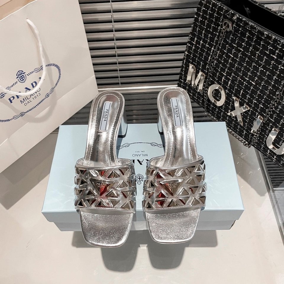 Prada Ciabatte Spazzolato Borchie Sandals Silver view 10