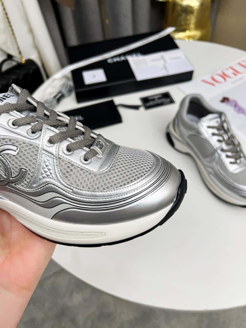 Chanel 23C Silver Metallic Cc Logo Lace Up Flat Runner Trainer Sneaker Gray view 6