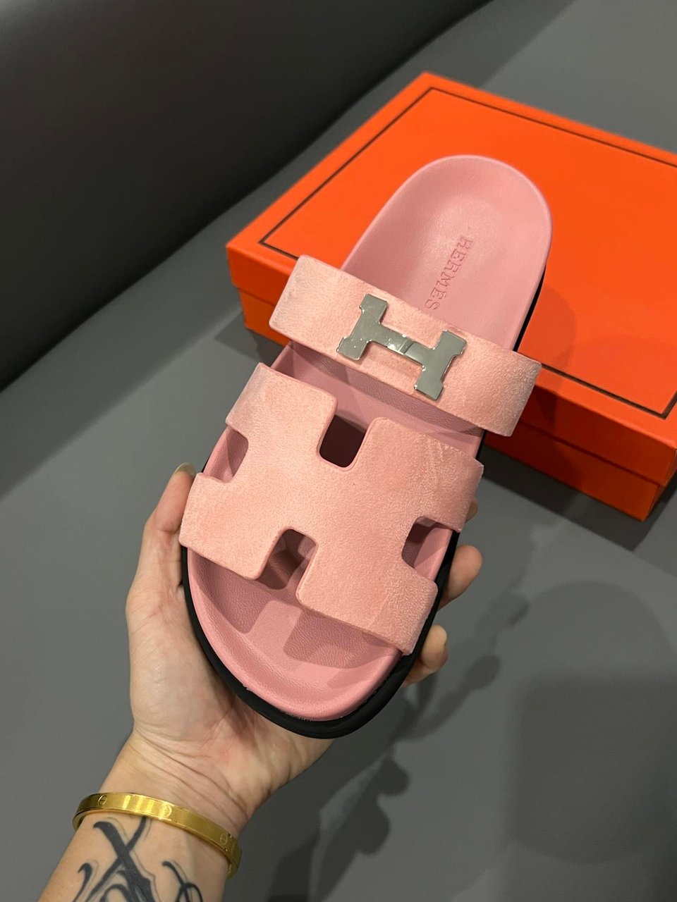 Hermes Chypre Sandal H Logo Silver Hardware Pink view 10