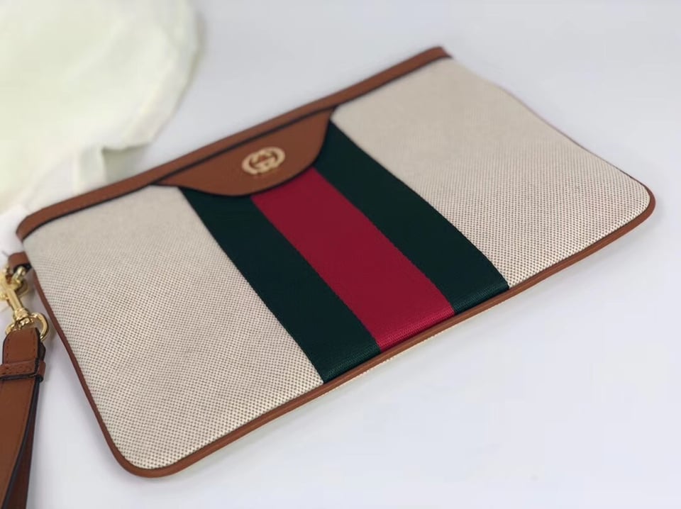 ucci Vintage Canvas Pouch Beige Green Red Stripe 11.5in/29cm For Men view 6