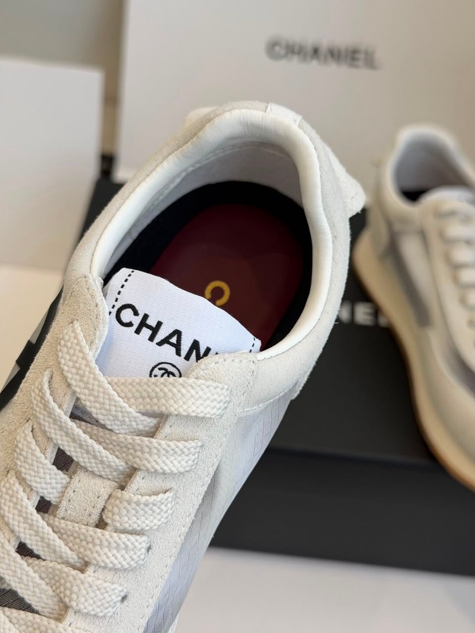 Chanel Mesh Suede Calfskin Sneakers with Black CC Logo Light Grey White &amp; Black G38290 view 10