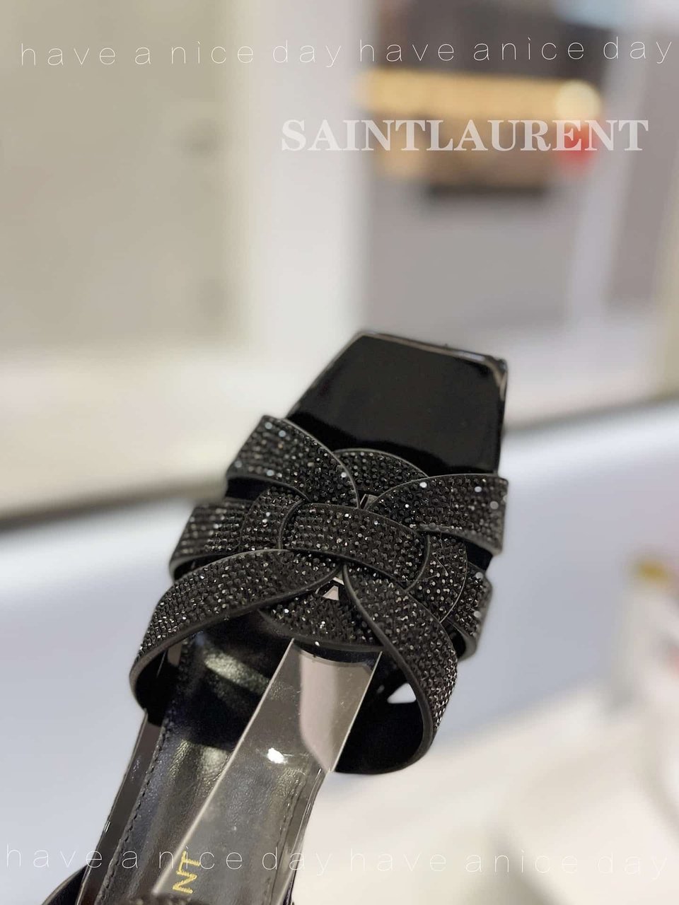Saint Laurent Tribute Leather Sandals Metallic Black view 3