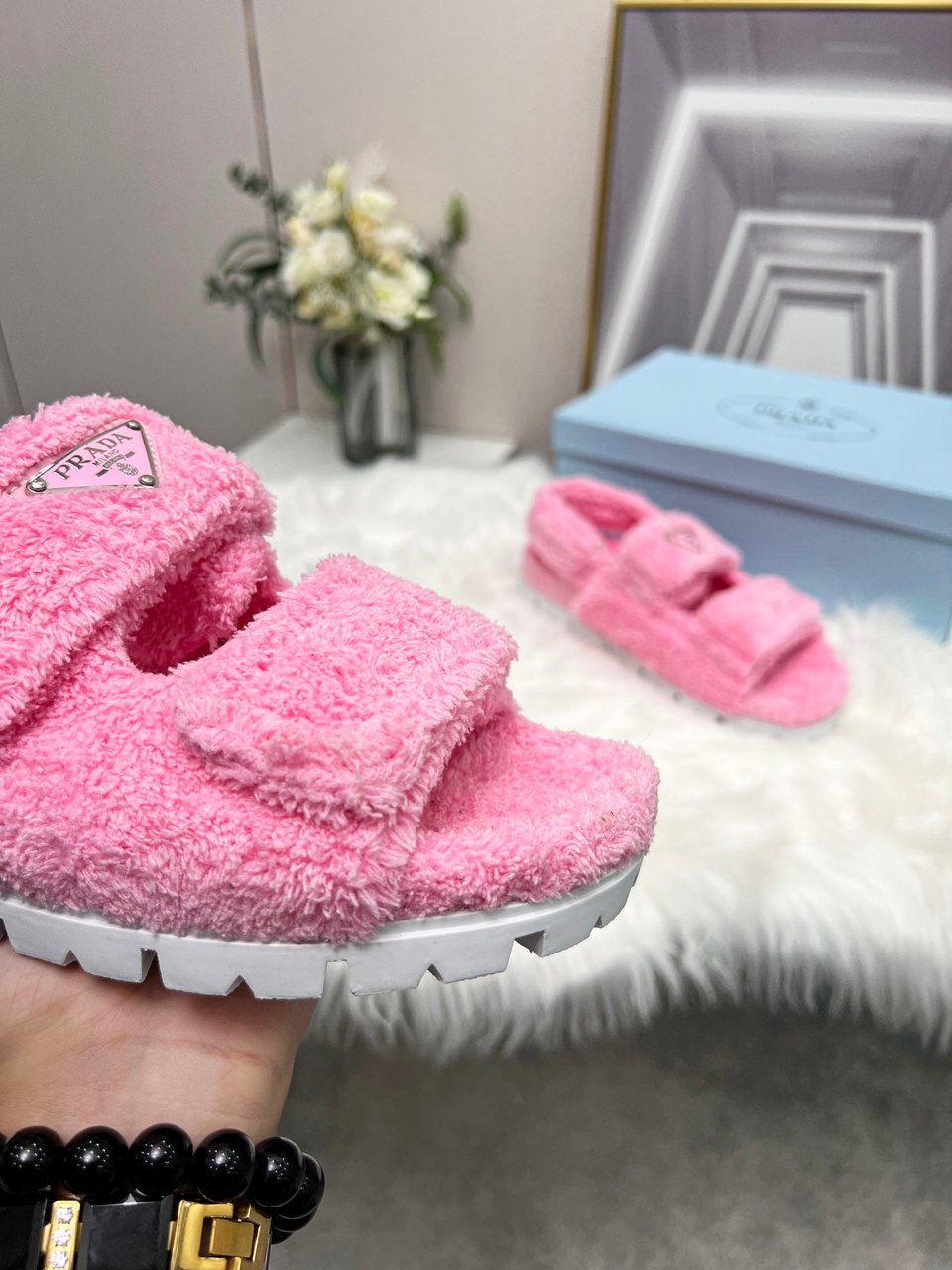 Prada Petal Pink Terrycloth Sandals 1X737Mh39F0442Fd020 view 5