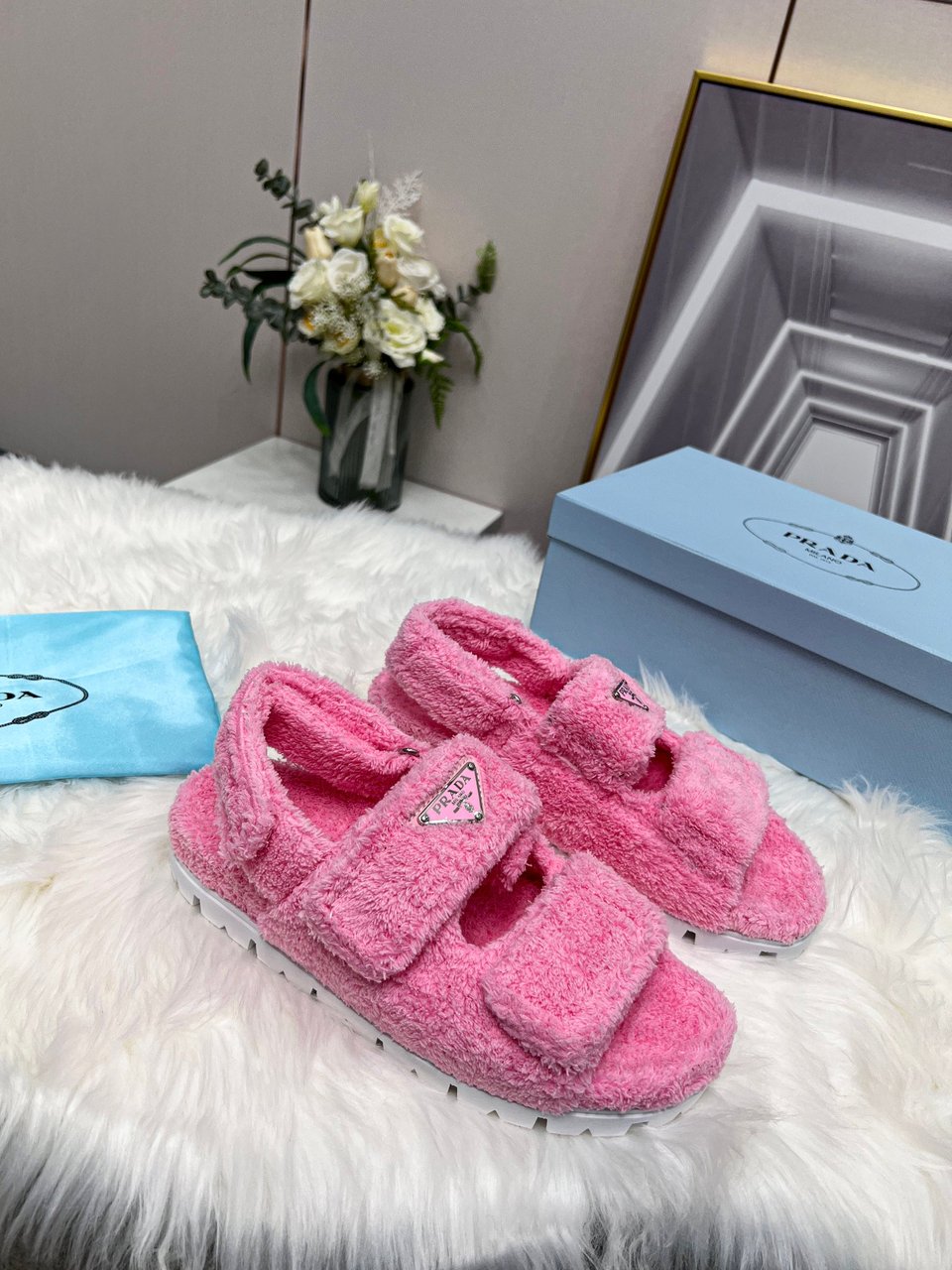 Prada Petal Pink Terrycloth Sandals 1X737Mh39F0442Fd020 view 4