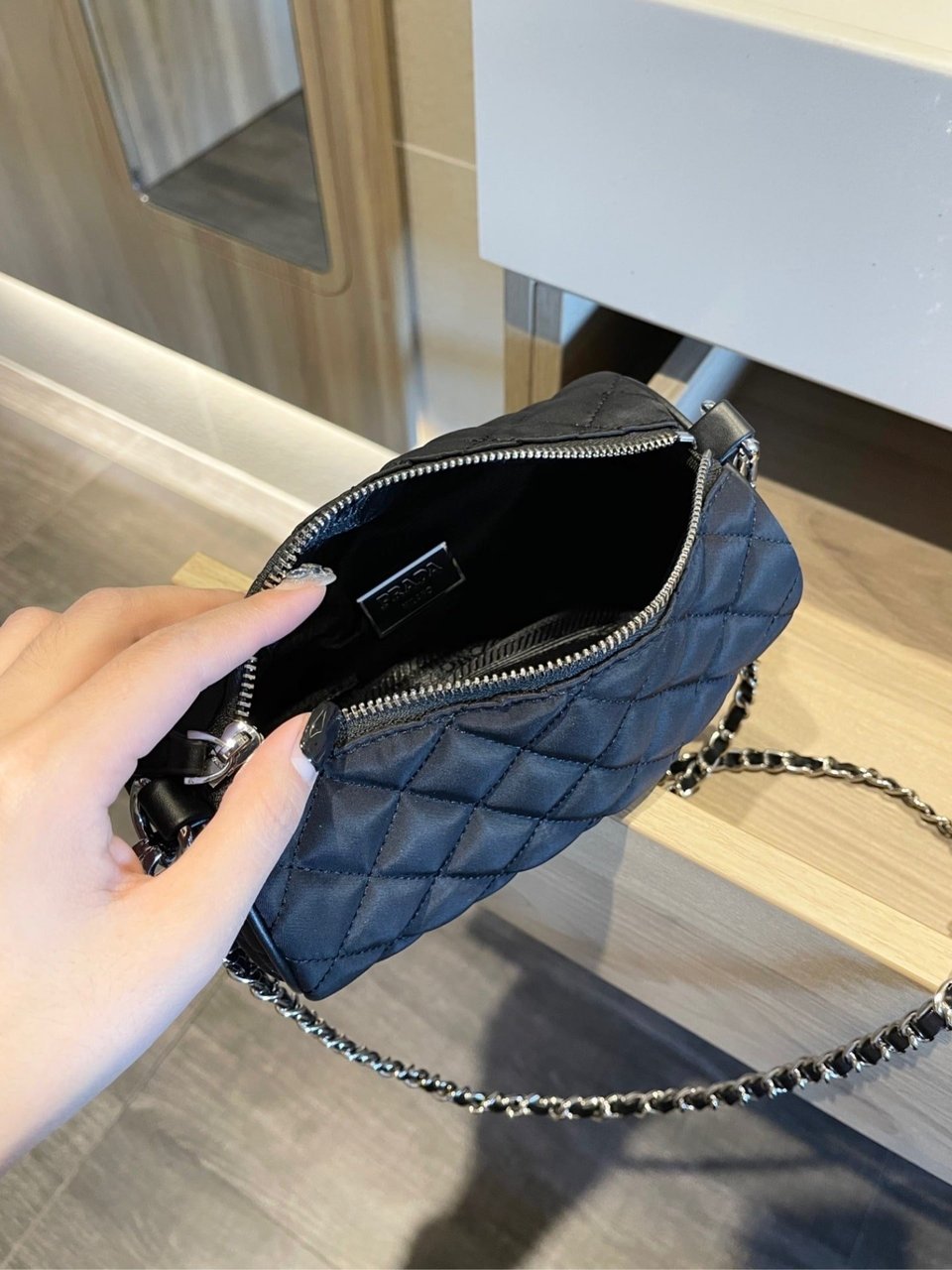 Prada Tessuto Black Quilted Barrel Bag Black 20Cm view 8