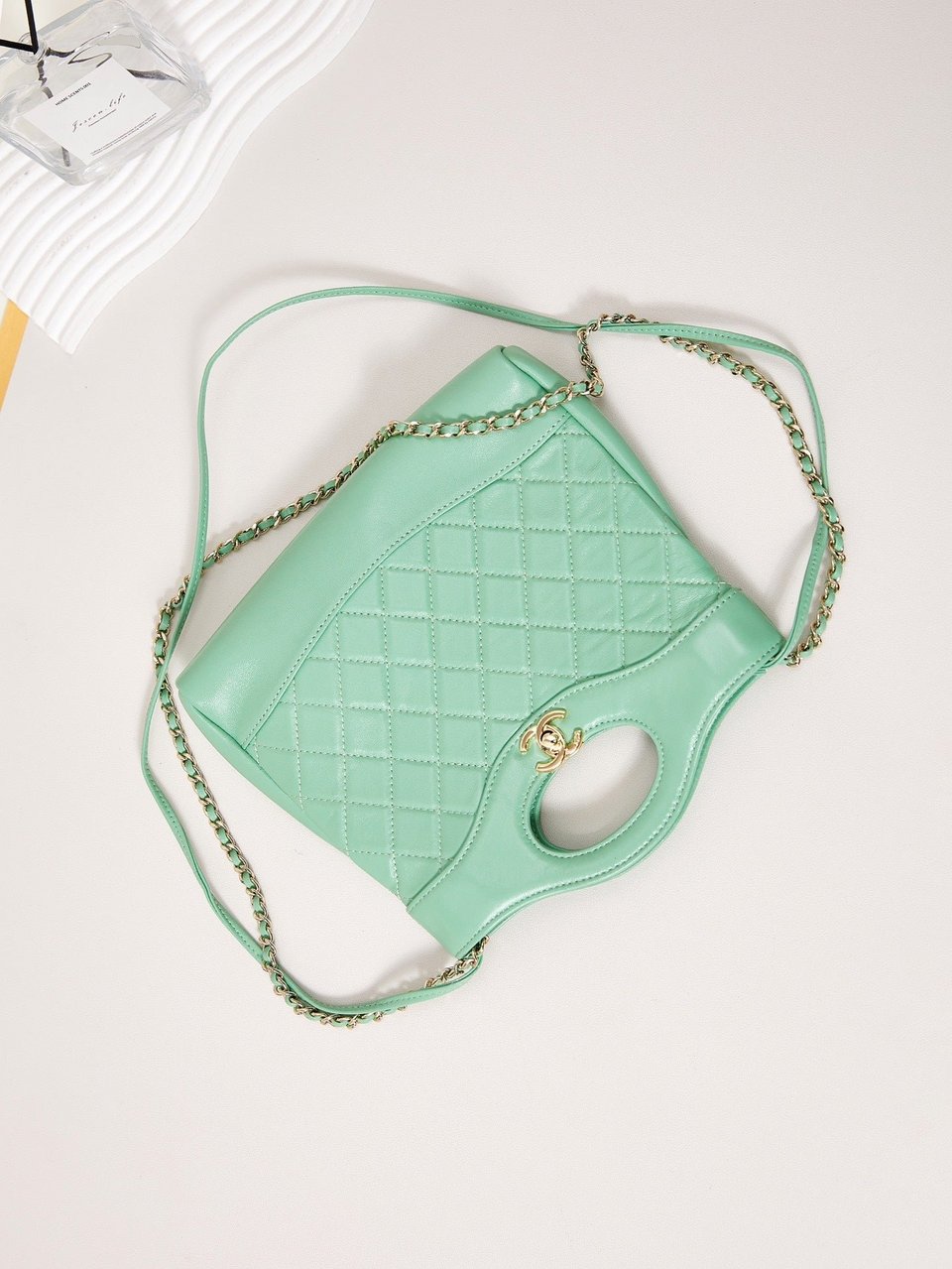 Chanel 24S31 Mini Shopping Bag 22Cm Light Green Lambskin Gold Hardware view 7