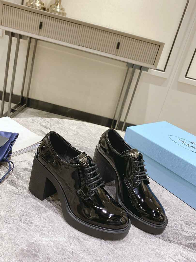 Prada Heeled Brushed Leather Lace-Ups Shiny Black view 9