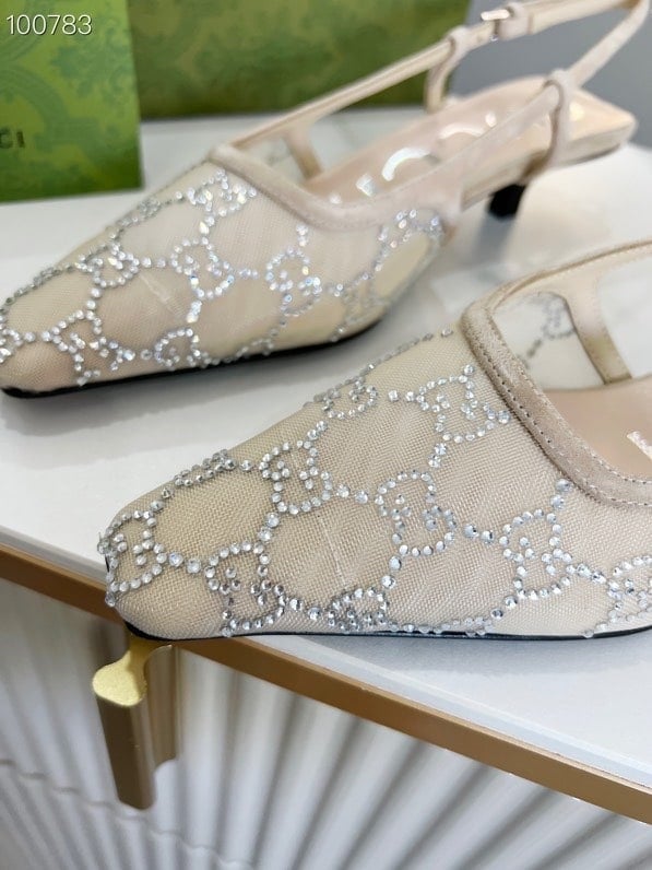 Gucci Slingback Pumps with Decorative Gems – Black Mesh Pointed Toe Heels view 3