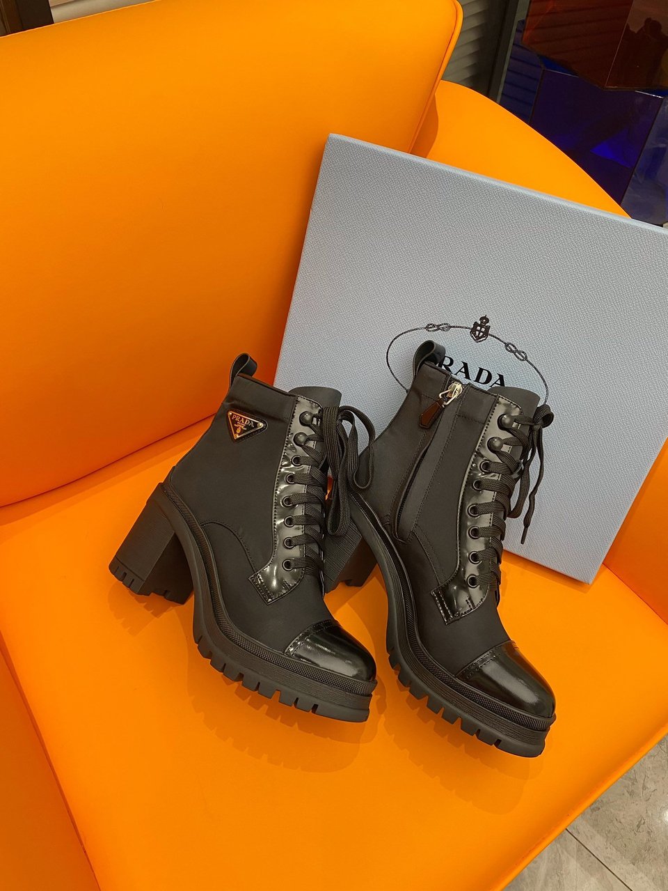 Prada Logo Plaque Ankle Boots Black view 6