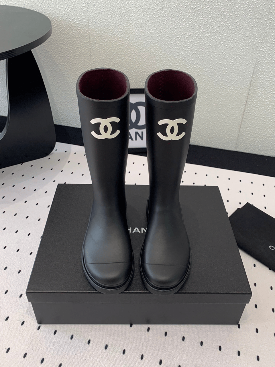 Chanel CC Logo Rain Boots Black Rubber Heel 47cm view 10