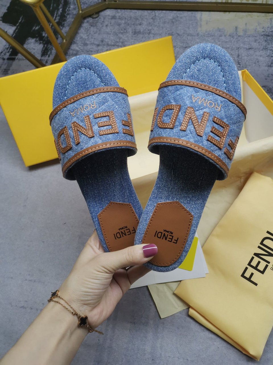 Fendi Signature Light Blue Denim Slides view 8