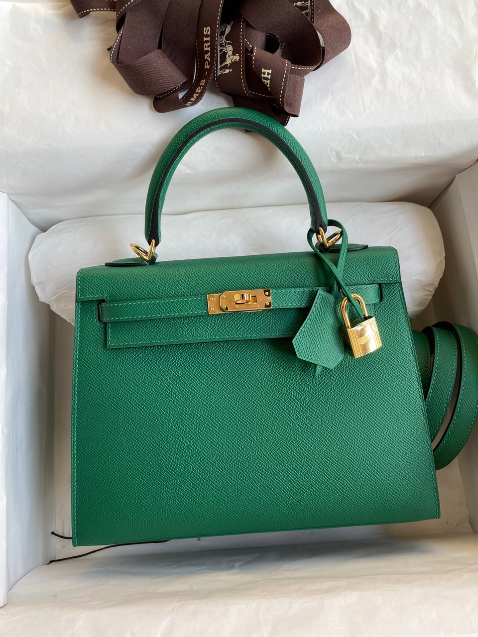 Hermes Kelly 25 Bag In Emerald Green Epsom Leather For Women 25cm/10in
