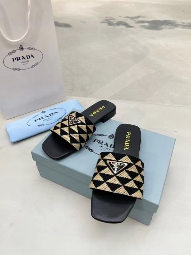 Prada Embroidered Fabric Slides Black Yellow view 6