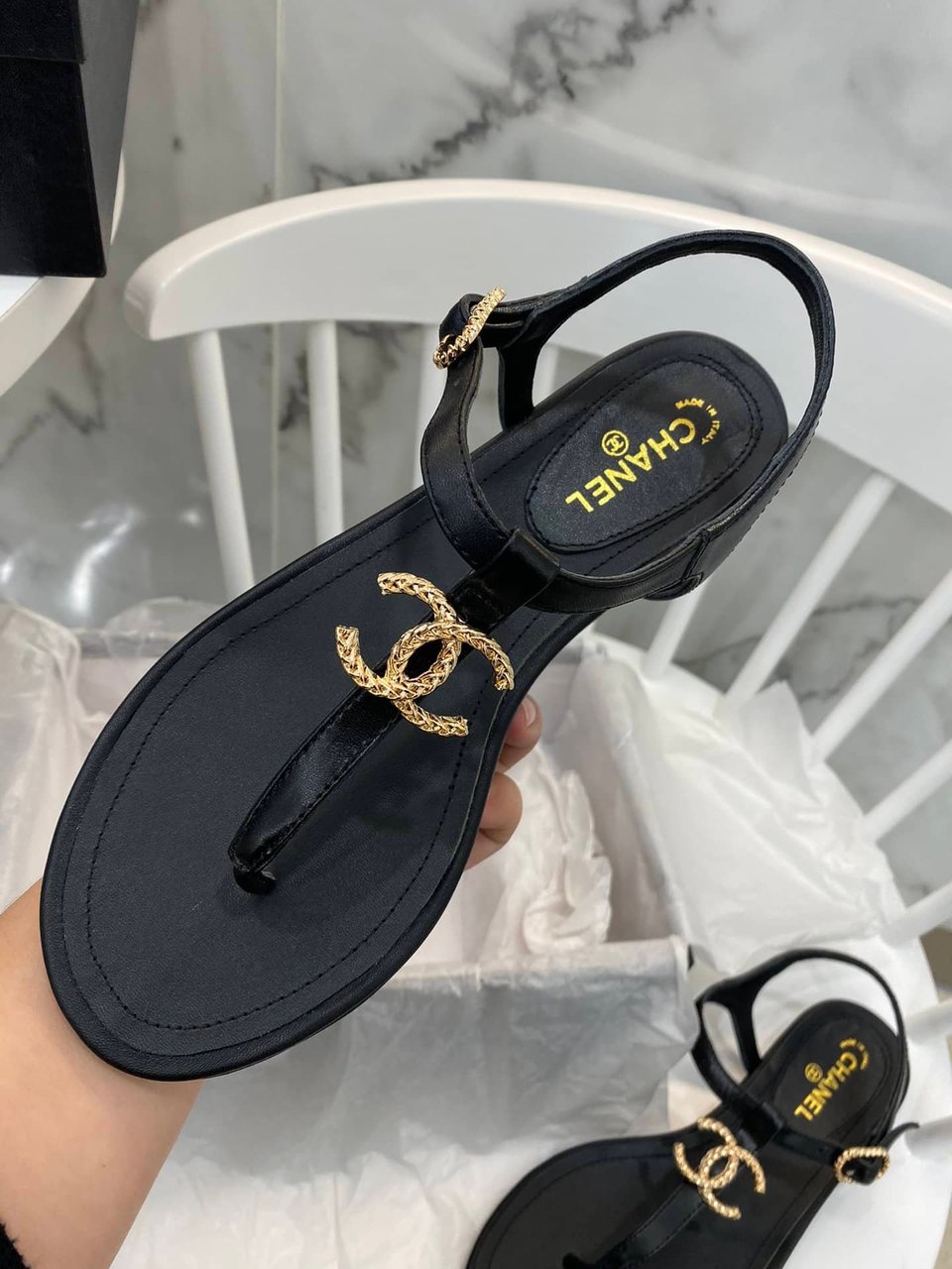 Chanel Gold Cc Logo Thong Sandals Black view 8