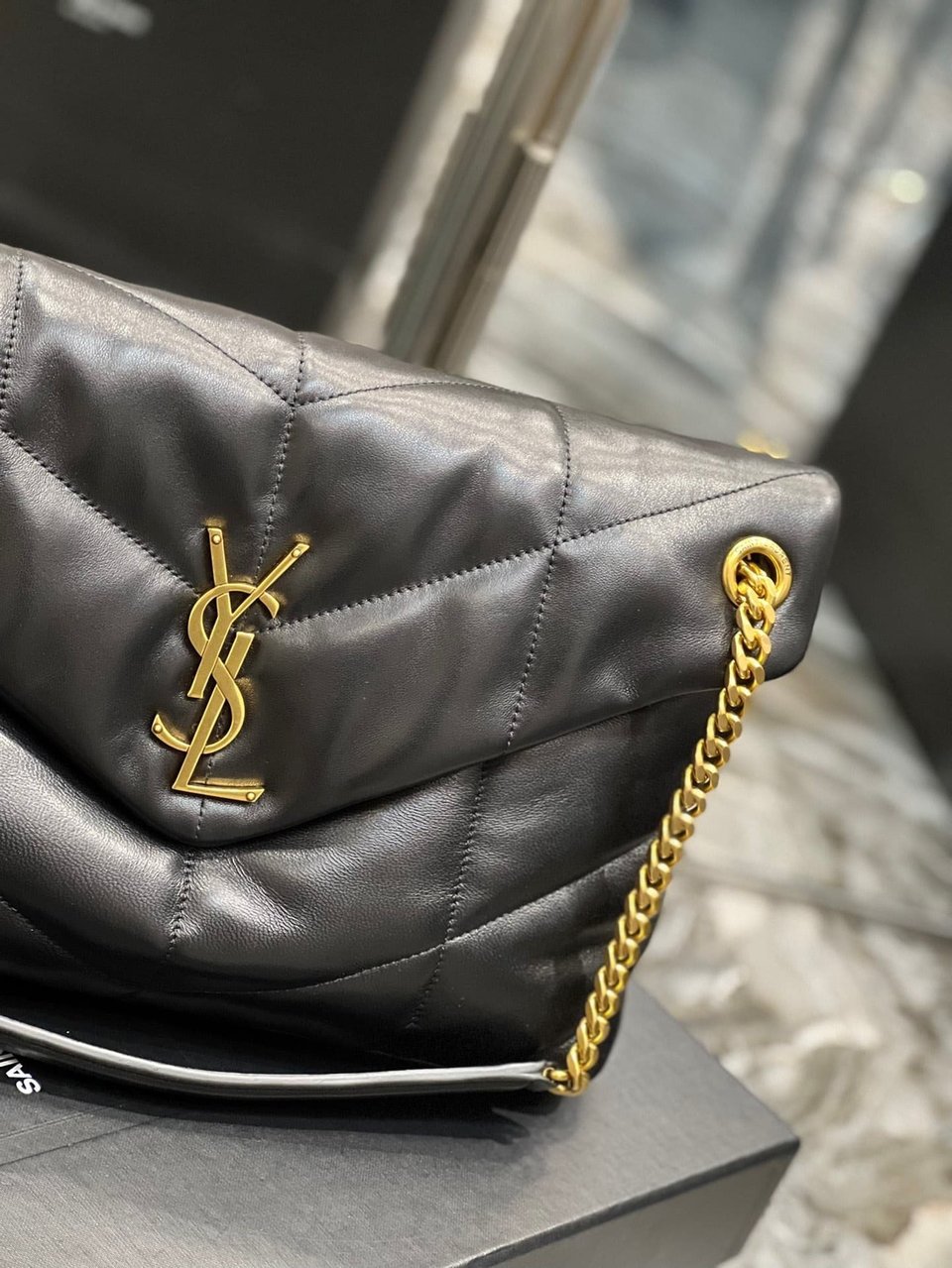 Saint Laurent Puffer Medium Chain Bag In Quilted Gold Toned Metal view 10