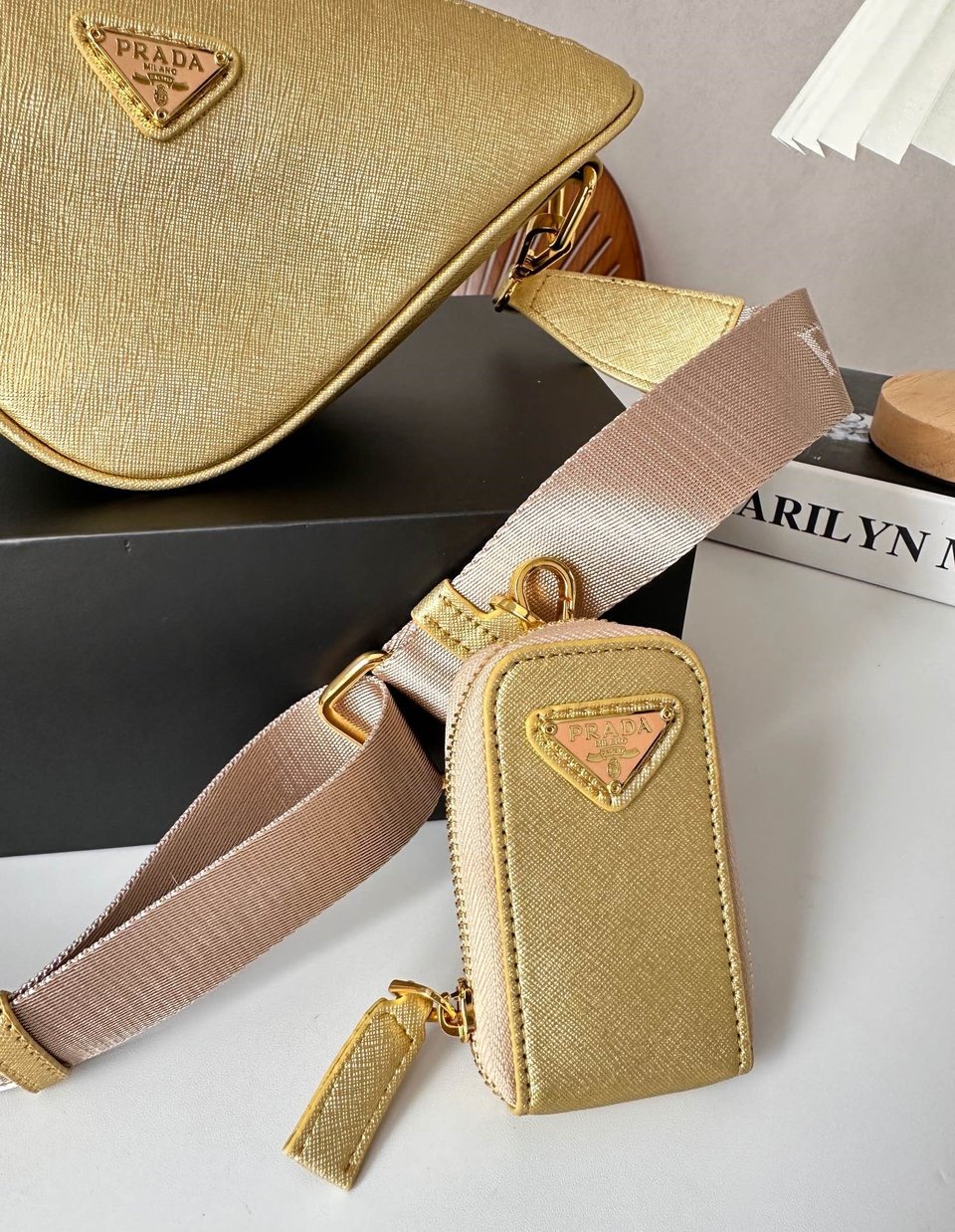 Prada Triangle Saffiano Leather Shoulder Bag Gold 28Cm view 4