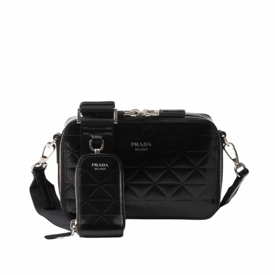 Prada Brique Brushed Leather Bag With Triangle Motif Black 18Cm