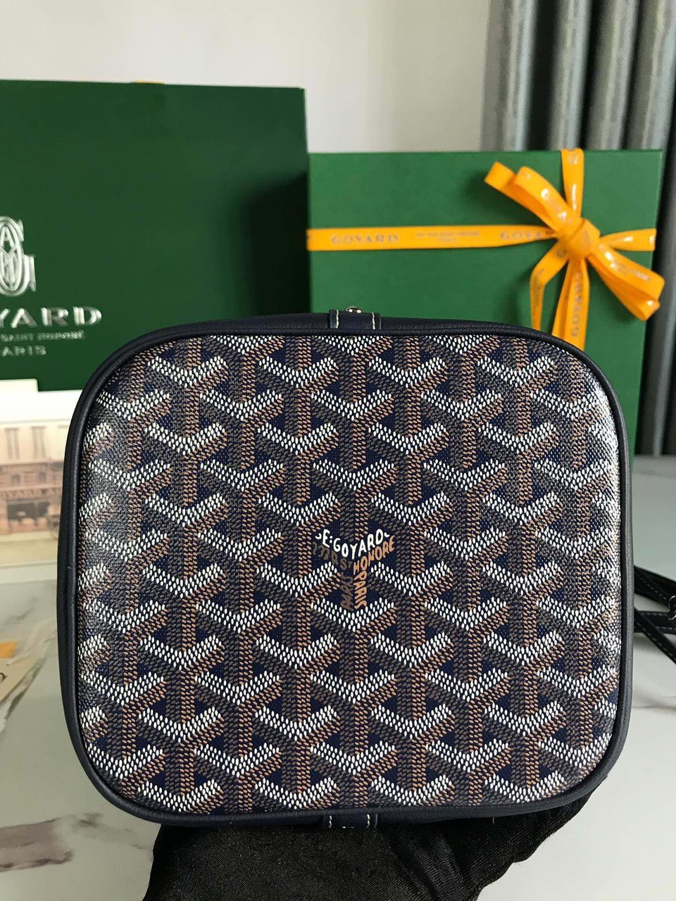Goyard Petit Flot Bucket Bag 22cm Navy Blue Goyardine Canvas And Lambskin Trim view 9