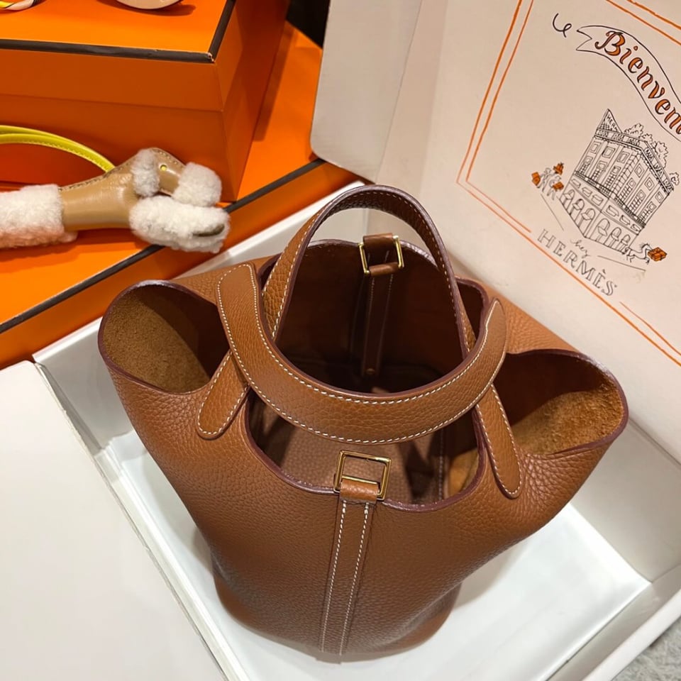 Hermes Picotin Lock Bag In Taurillon Clemence Gold Brown 22Cm view 7