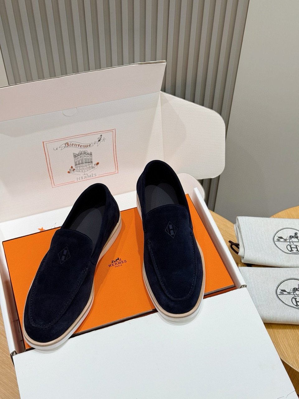 Hermès Navy Suede Loafers- Shoes for Men view 9