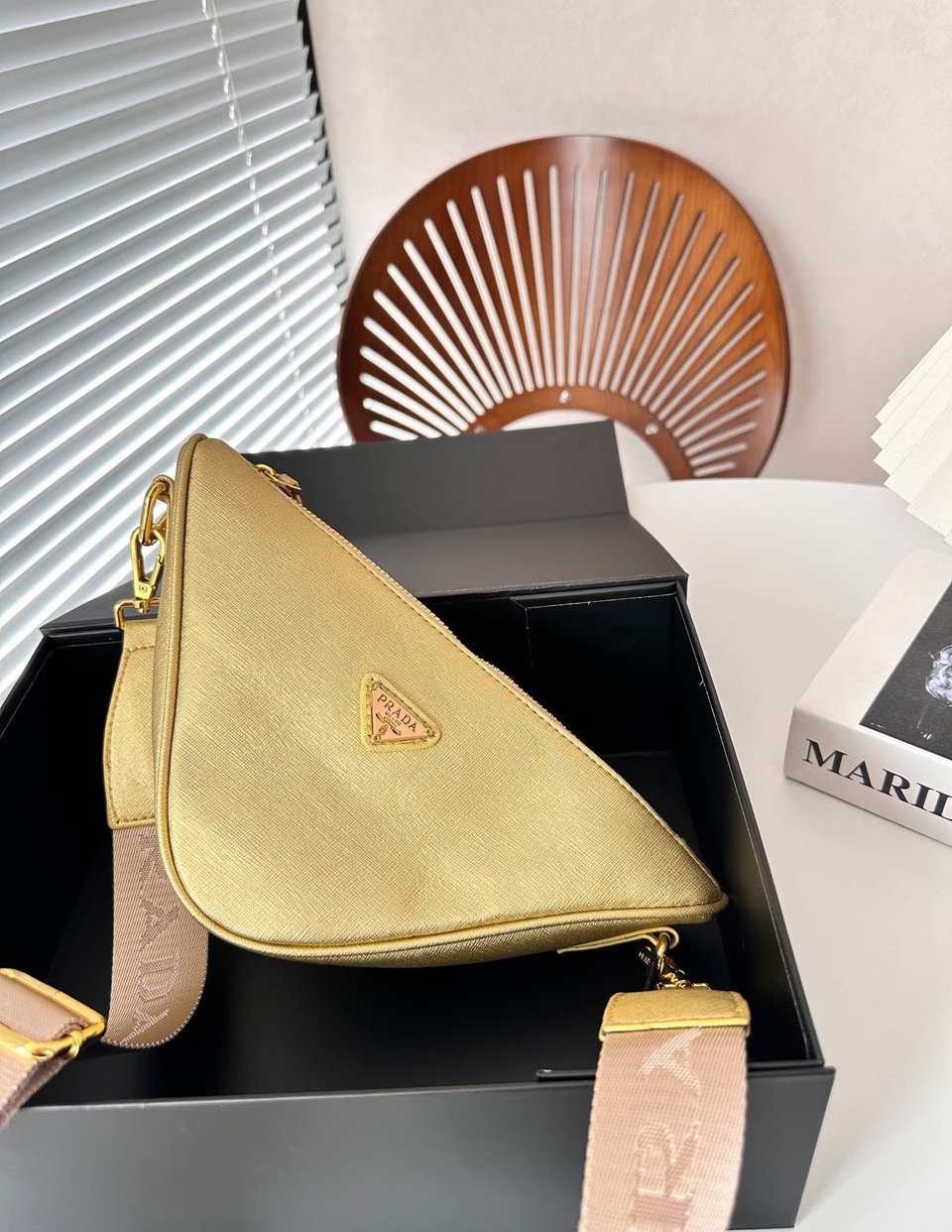 Prada Triangle Saffiano Leather Shoulder Bag Gold 28Cm view 9