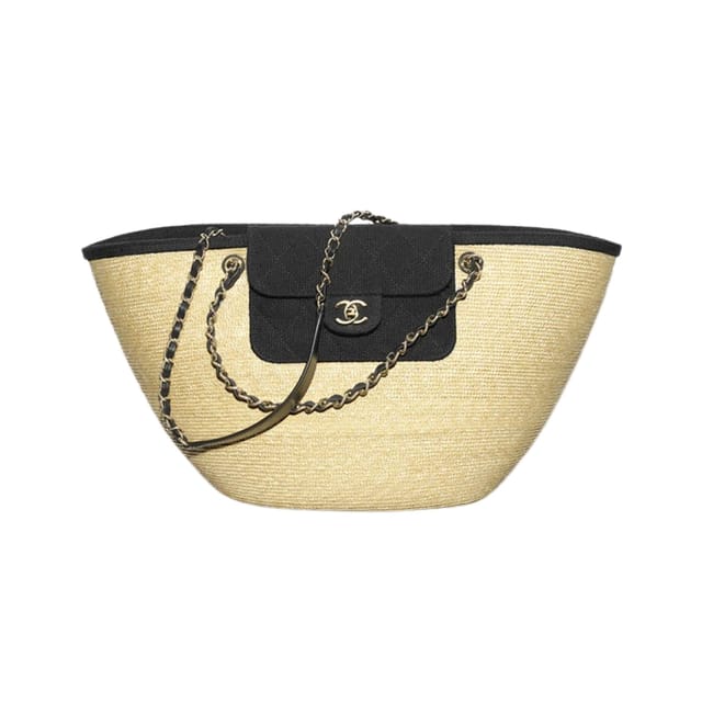 Chanel Large Shopping Bag Straw, Canvas, Sheepskin &amp; Gold-colored Metal 54cm/21.3in Beige &amp; Black AS5952