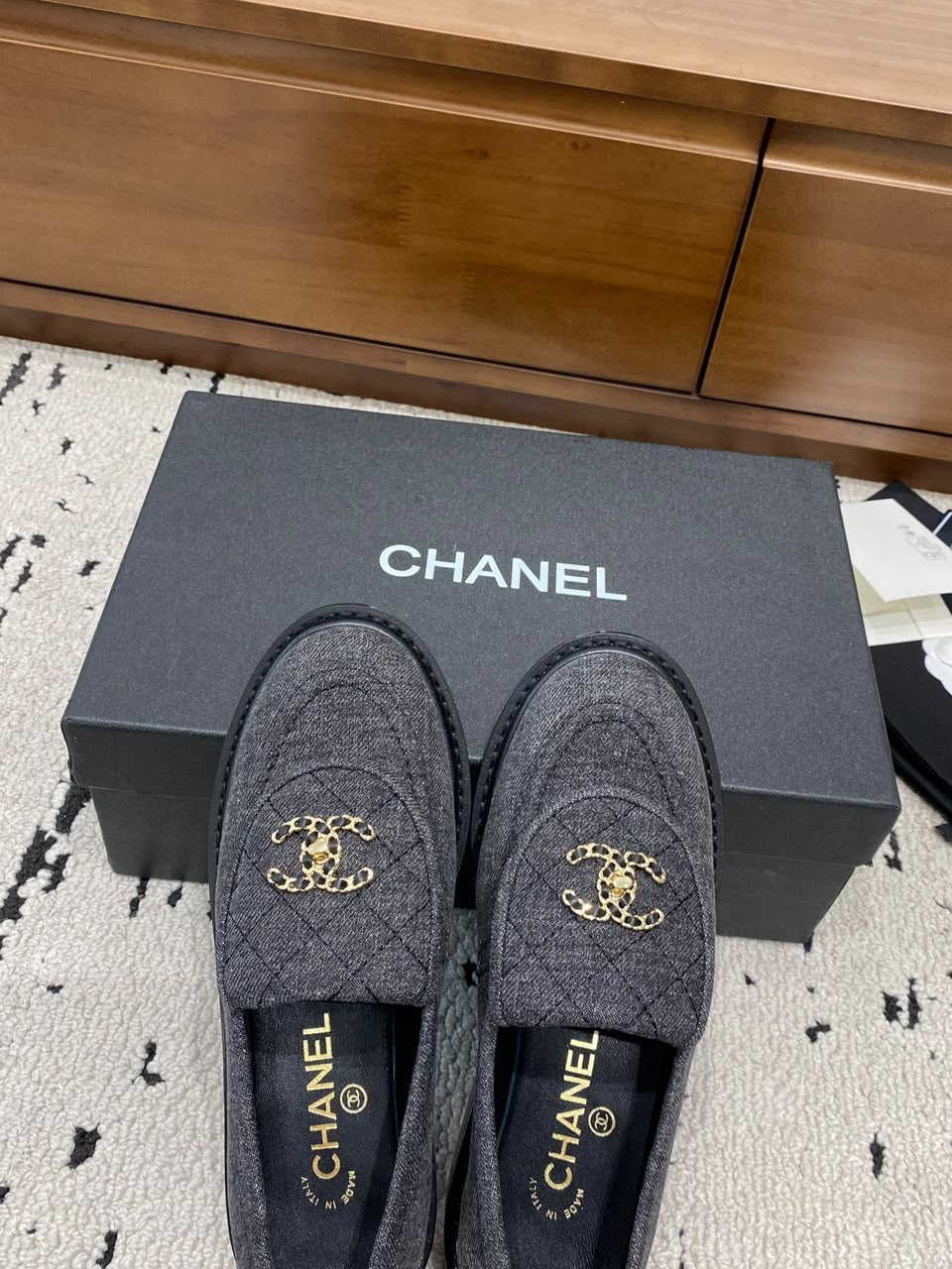 Chanel Quilted Fabric Loafers with CC Chain Logo Dark Grey G39834 view 5
