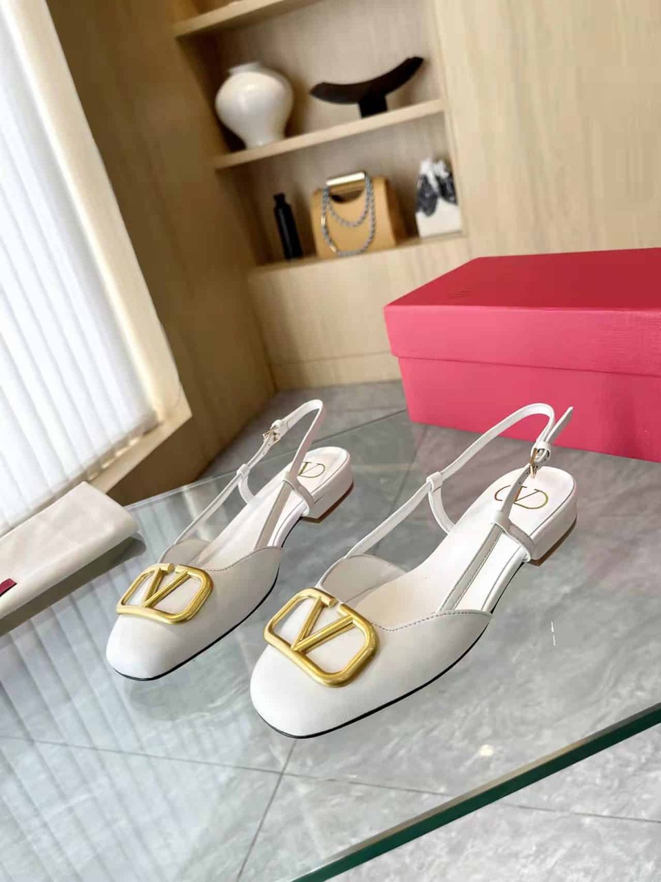 Valentino Garavani V Logo Leather Slingback Flats White view 4
