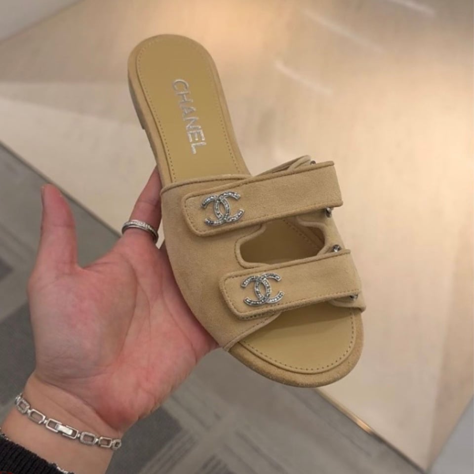 Chanel Suede Calfskin Crystal CC Double Strap Mules Beige Suede G38689 view 2