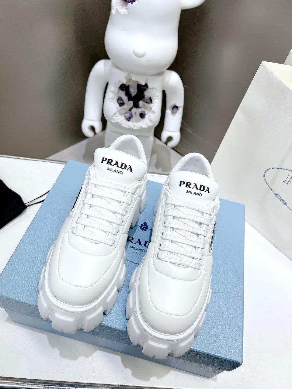 Prada Soft Padded Nappa Leather Lace Up Shoes White view 11