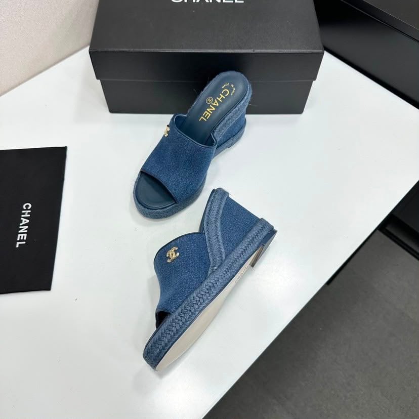 Chanel Denim Wedge Slingback Sandals Blue Denim G39832 view 10