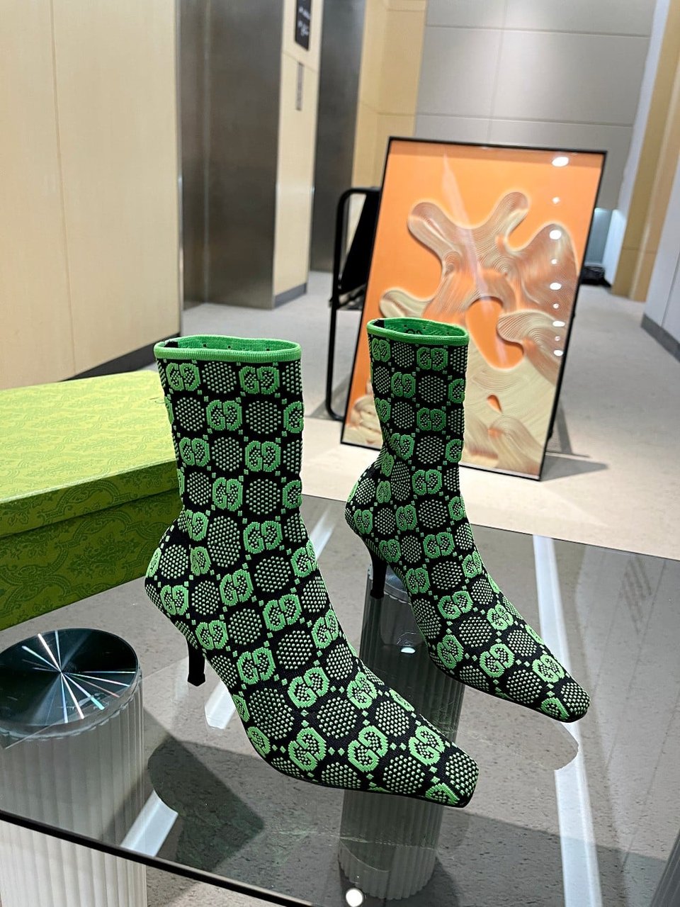 Gucci Gg 75Mm Knit Ankle Boots Black Fluorescent Green Fabric718378 Faaqp 1004 view 7