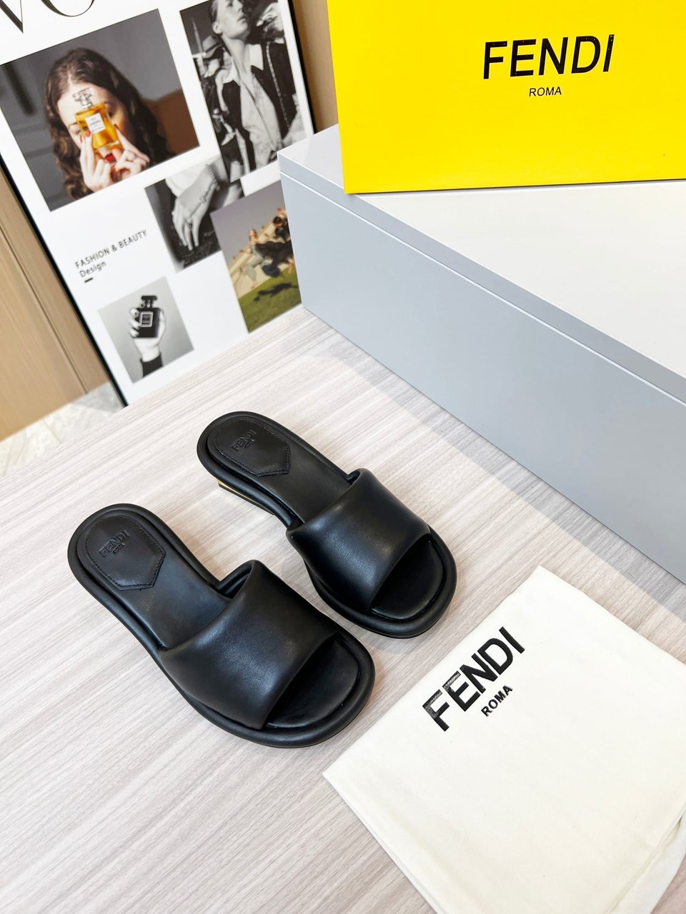 Fendi Cutout Metal Block Heel Padded Leather Sandals Black view 7