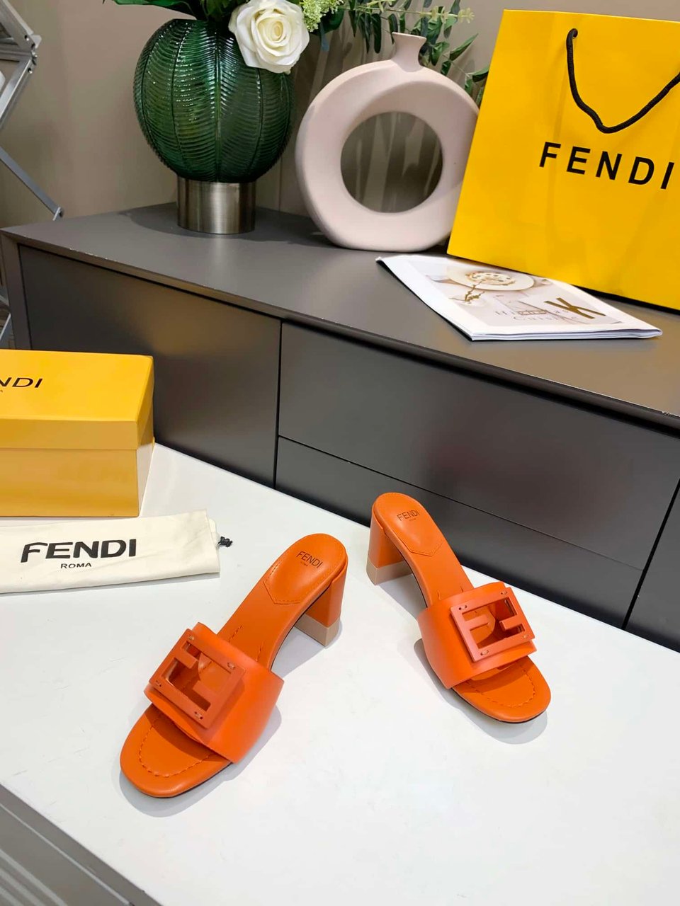 Fendi Signature Leather High Heel Orange view 8