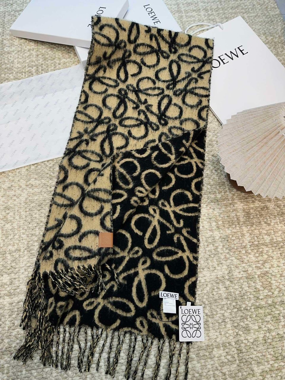 Loewe Mohair Scarf Anagram Black Beige For Women 186cm view 7