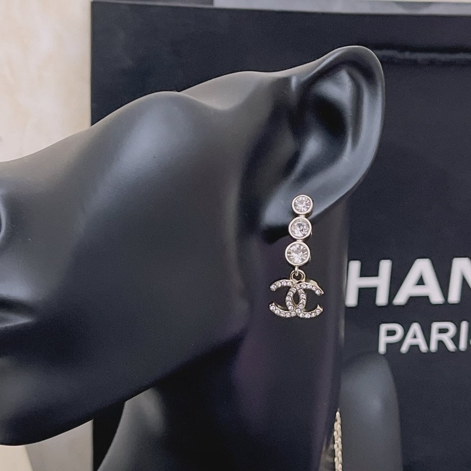 Chanel Crystal Cc Drop Earrings Gold view 6