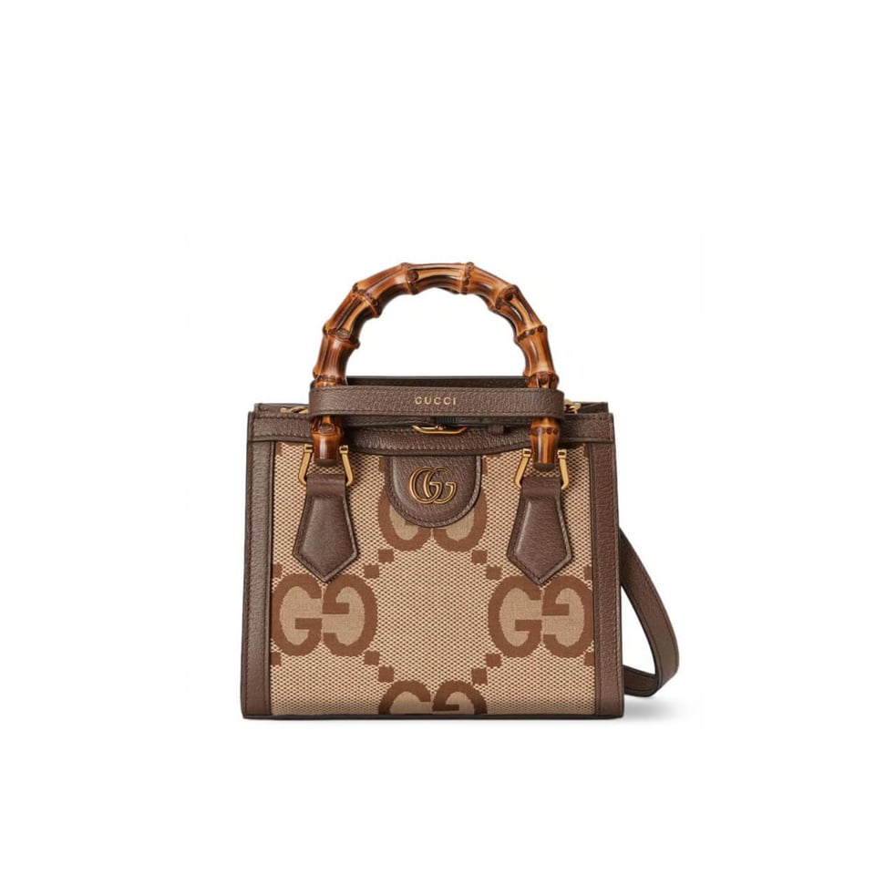 Gucci Diana Jumbo GG Mini Tote Bag Camel Brown Canvas 20cm