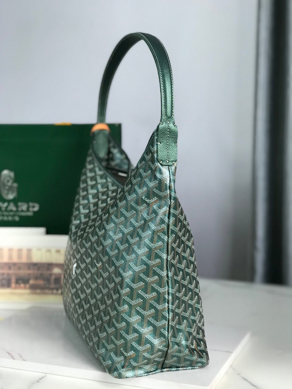Goyard Bohème Hobo Bag 42Cm Green Canvas Chevroches Calfskin view 3
