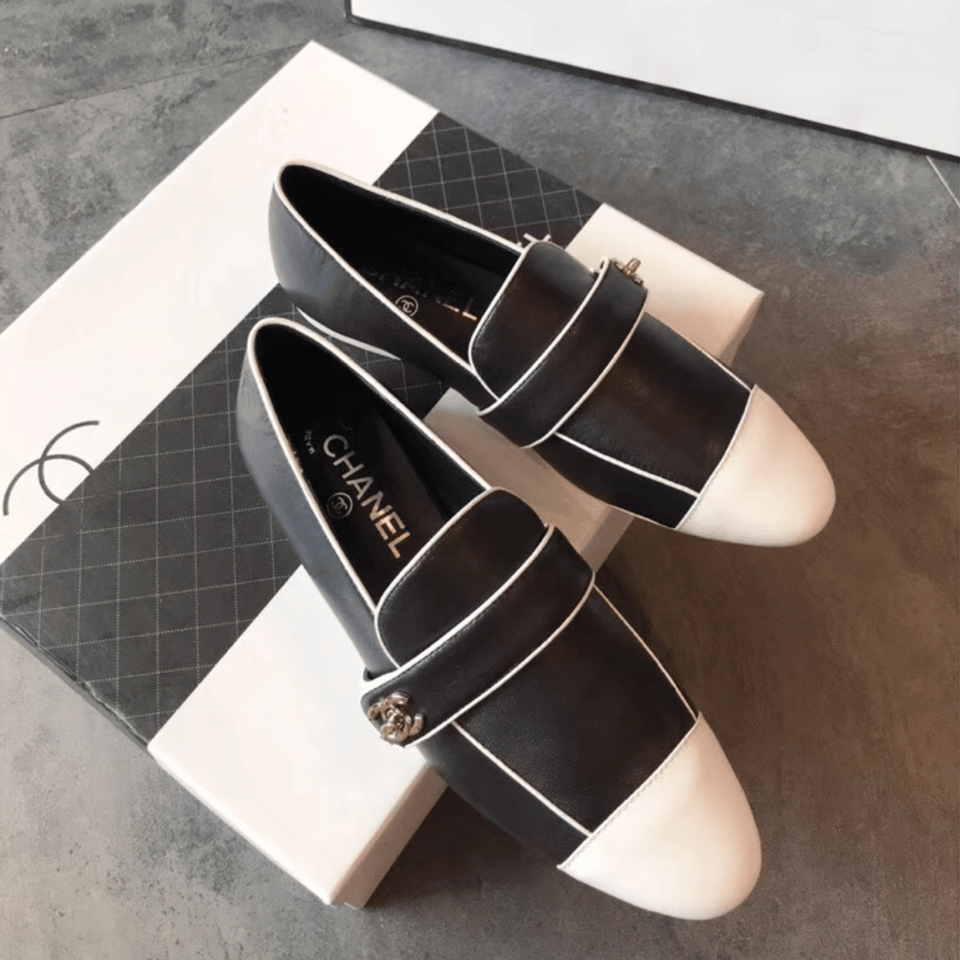 Chanel Leather Cc Cap Toe Slip On Loafers Black view 4