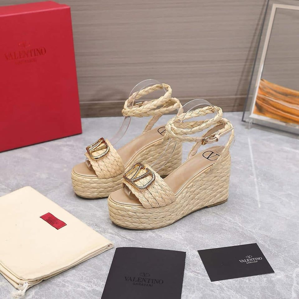 Valentino Garavani Vlogo Raffia Platform Wedge Sandals Natural view 11
