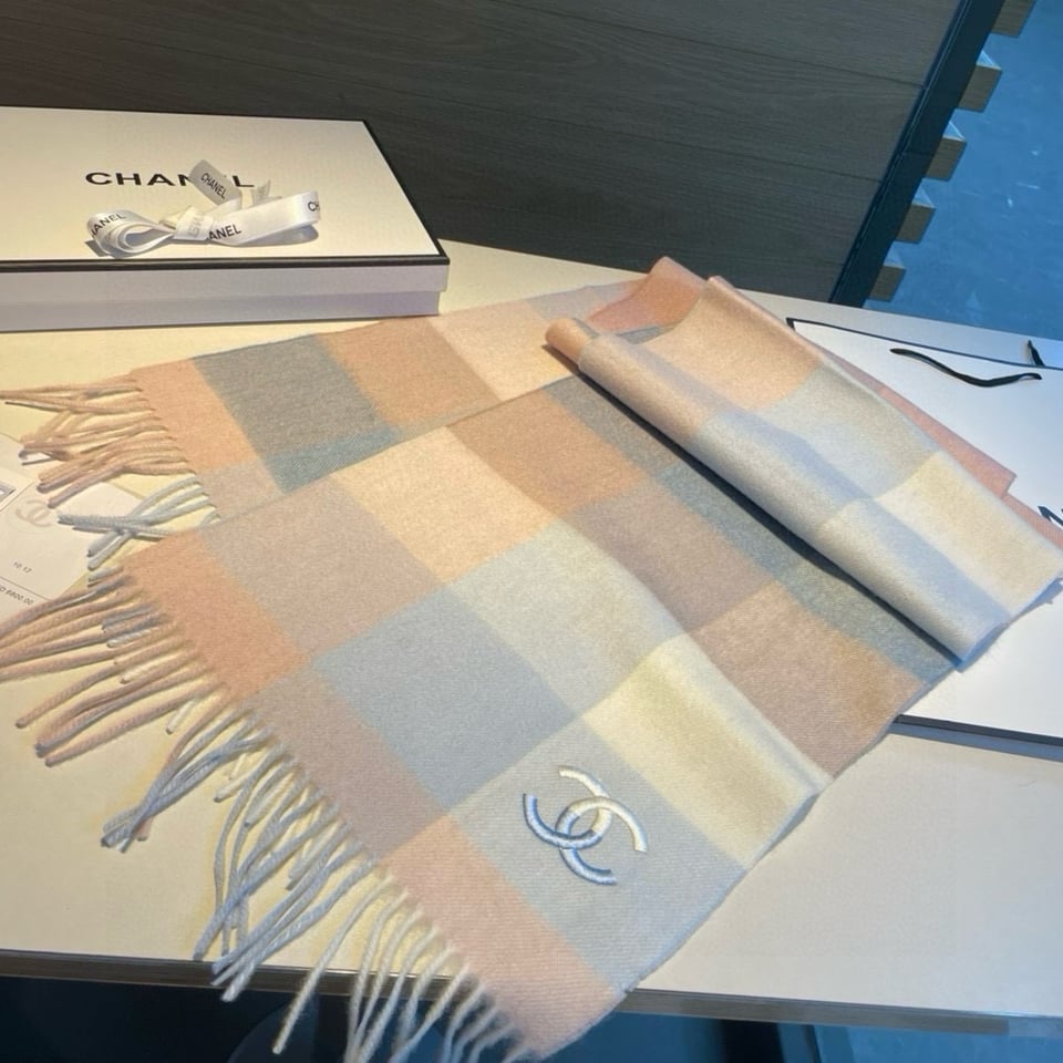 Chanel Cashmere Scarf Plaid Pink For Women 180cm view 7